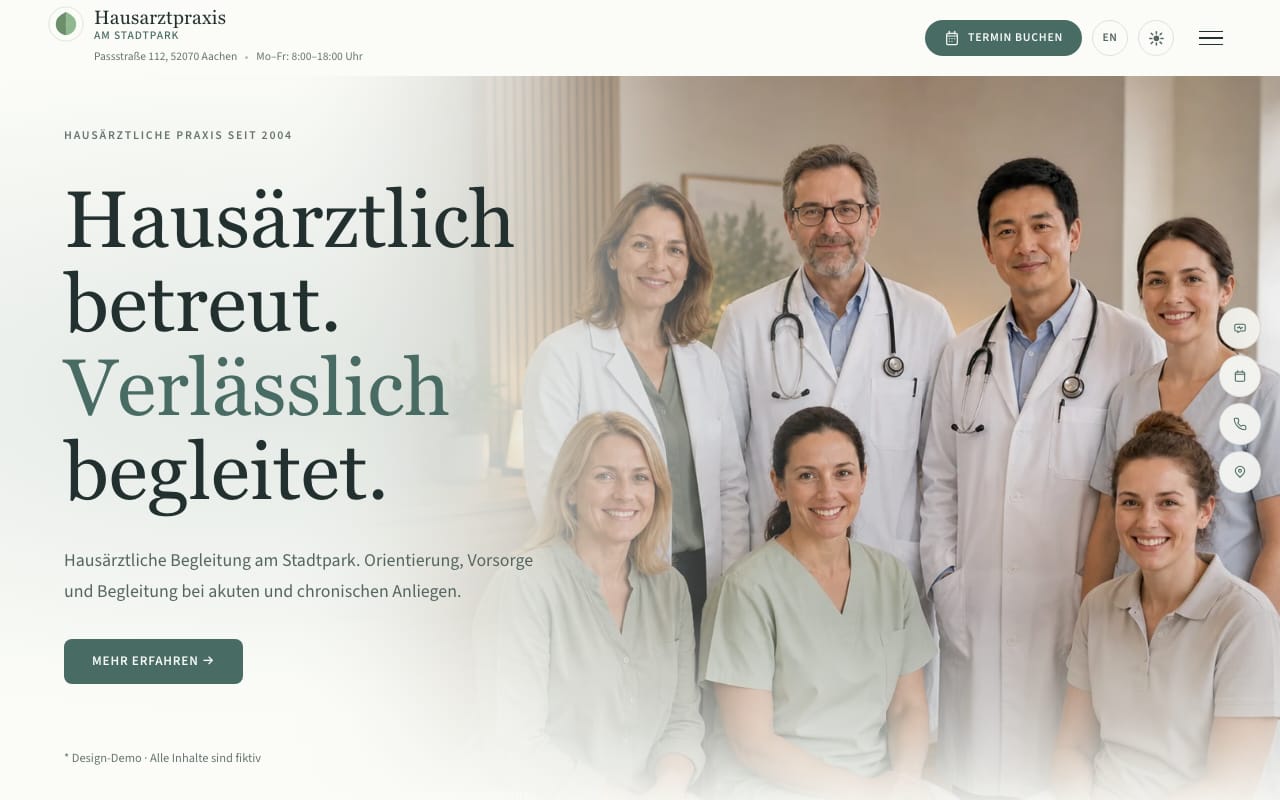 Startseite der Design-Demo Serenity: helle Praxis-Website in gedecktem Grün mit Teamaufnahme und Terminbuchung.