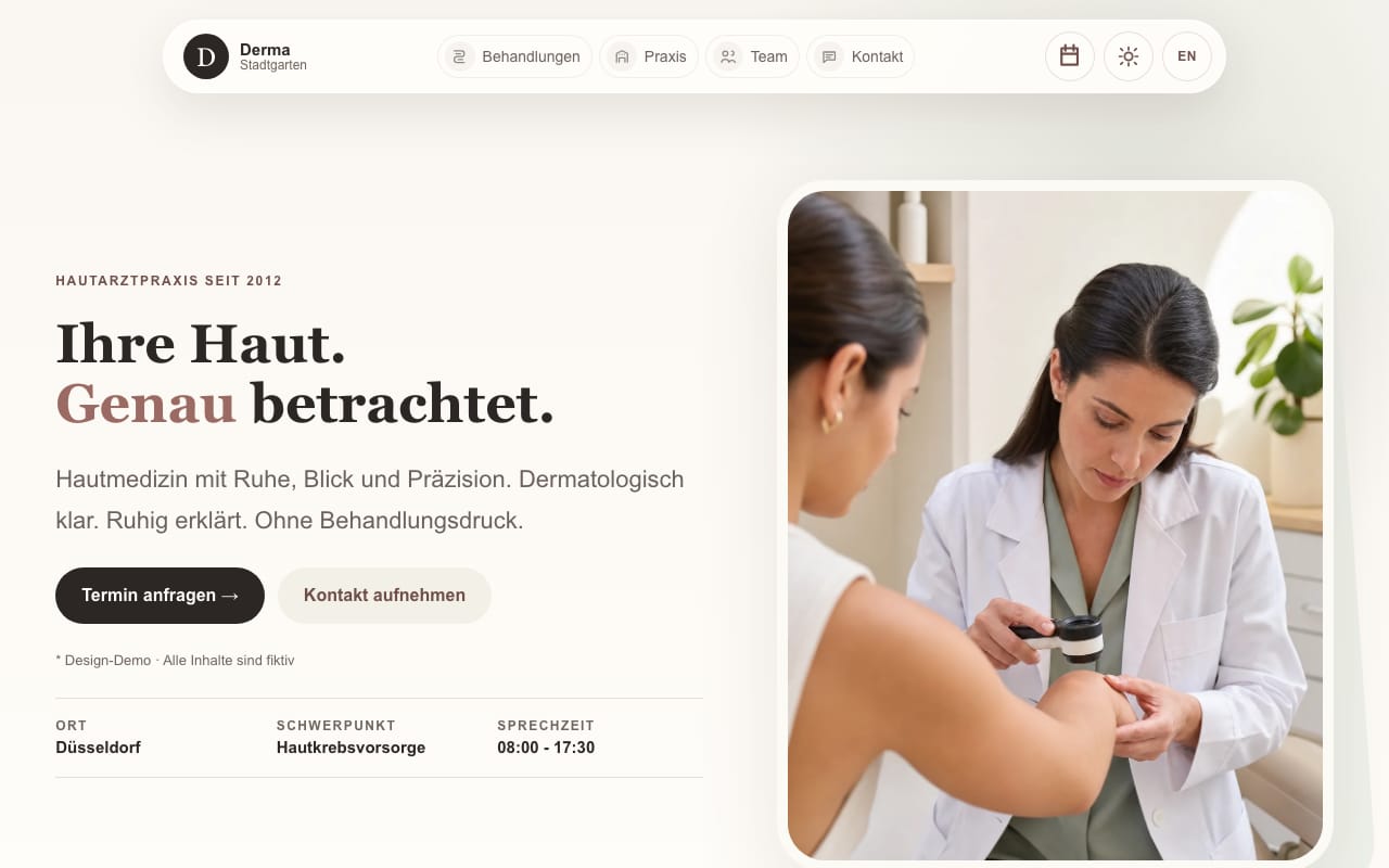 Startseite der Design-Demo Warmth: warm getönte Praxis-Website mit freundlicher Bildsprache und klarem Kontaktweg.